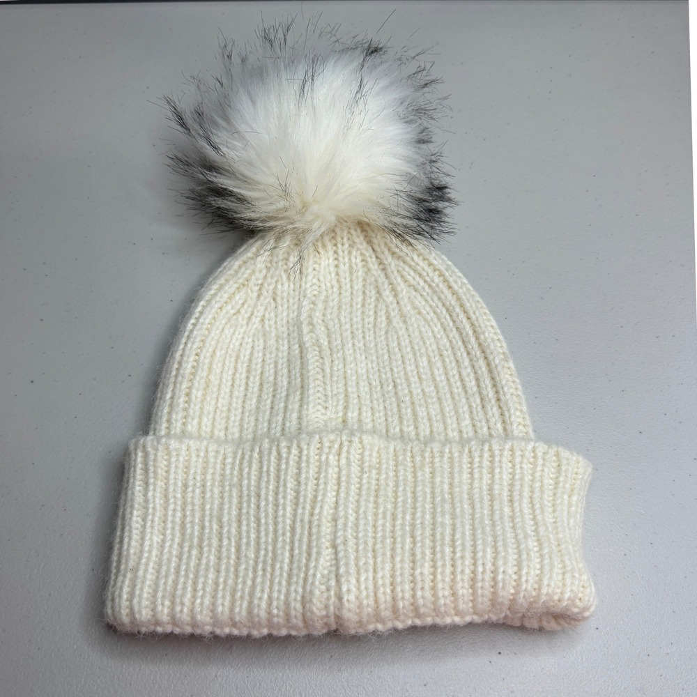 Anthropologie Cream Ribbed Knit Beanie Faux Fur Detachable Pom Pom Hat Ivory